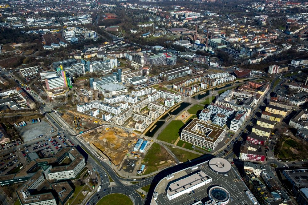 Aerial image Essen - Construction site for the new building of Funke Publishing House on Berliner Platz in Essen in the state North Rhine-Westphalia