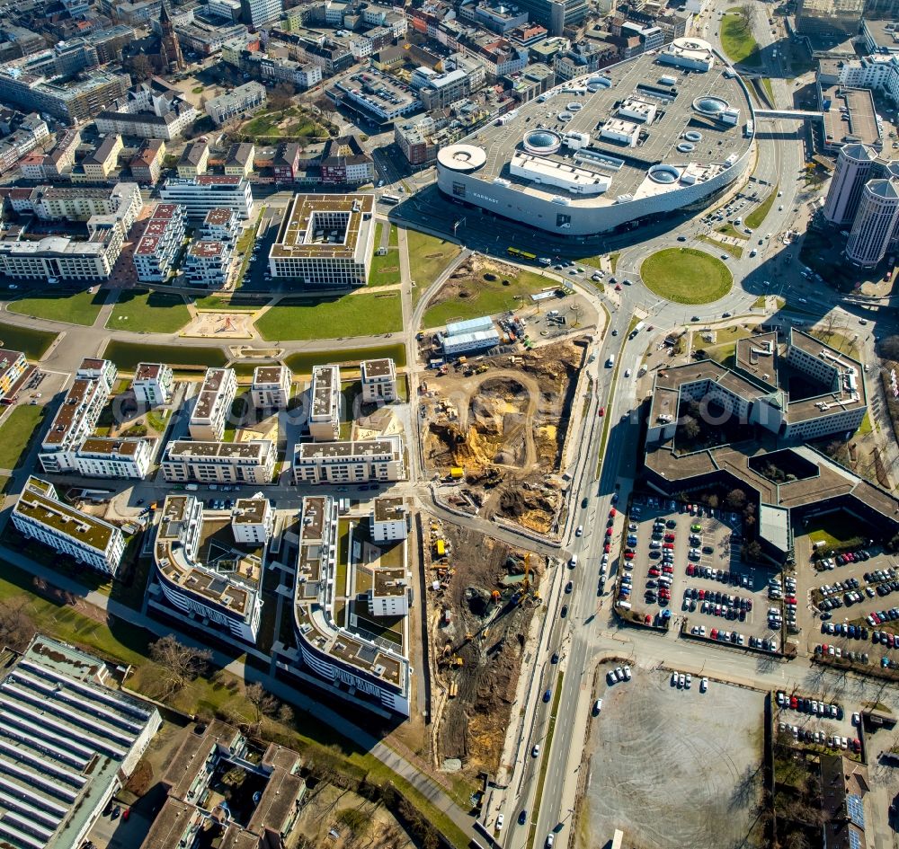 Essen from above - Construction site for the new building of Funke Publishing House on Berliner Platz in Essen in the state North Rhine-Westphalia