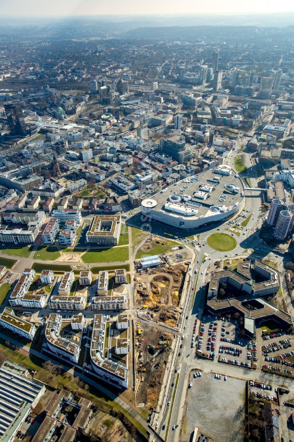 Essen from the bird's eye view: Construction site for the new building of Funke Publishing House on Berliner Platz in Essen in the state North Rhine-Westphalia