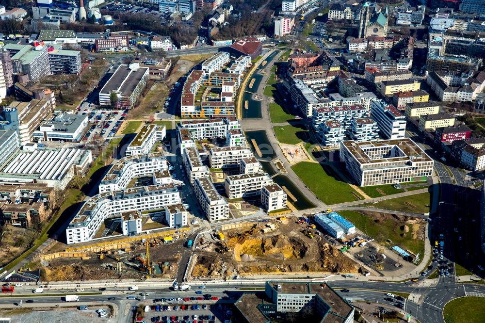 Essen from above - Construction site for the new building der Funke Medienzentrale Essen am Berliner Platz in Essen in the state North Rhine-Westphalia