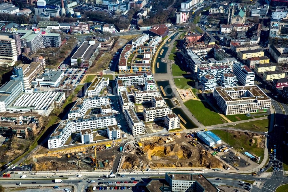 Essen from the bird's eye view: Construction site for the new building der Funke Medienzentrale Essen am Berliner Platz in Essen in the state North Rhine-Westphalia