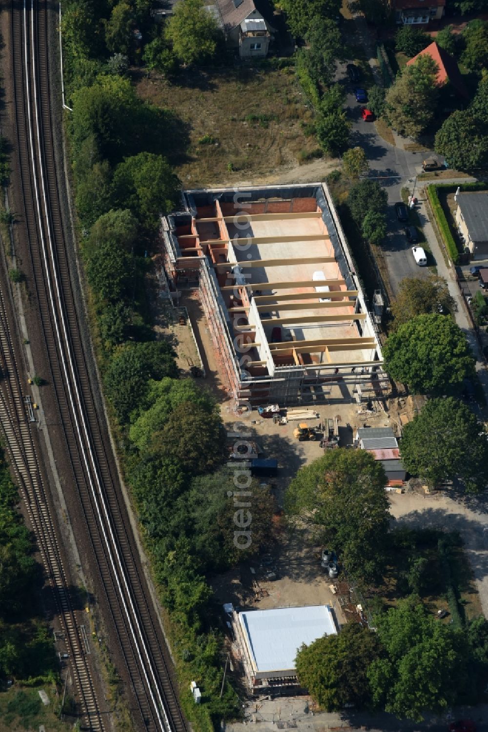 Aerial image Berlin - Construction site for the new building eines Garagengebaeudes in der Kulmseestrasse in Berlin