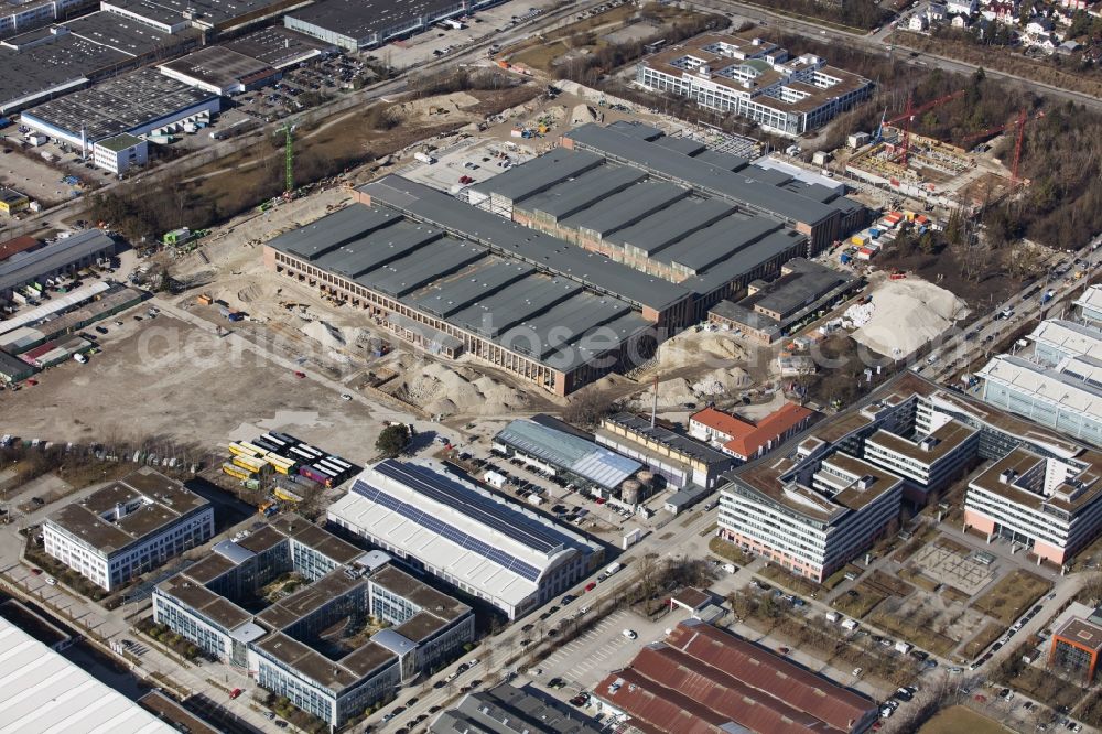 München from above - Construction site for new construction building of the construction market of BAUHAUS E-Business GmbH & Co. KG in the district Freimann in Munich in the state Bavaria