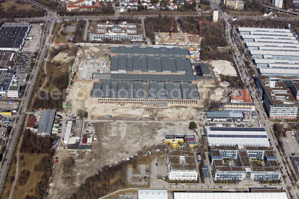 Aerial image München - Construction site for new construction building of the construction market of BAUHAUS E-Business GmbH & Co. KG in the district Freimann in Munich in the state Bavaria