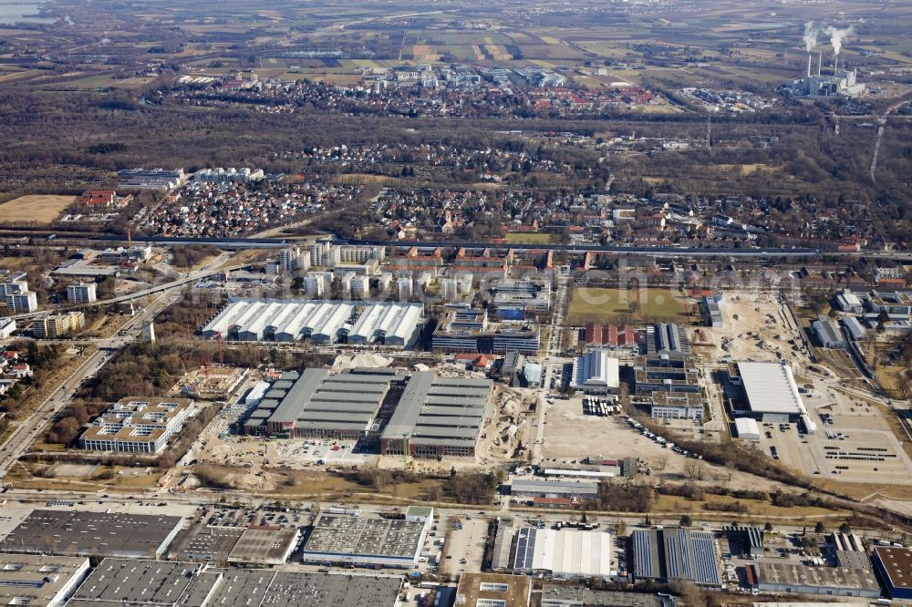 München from above - Construction site for new construction building of the construction market of BAUHAUS E-Business GmbH & Co. KG in the district Freimann in Munich in the state Bavaria