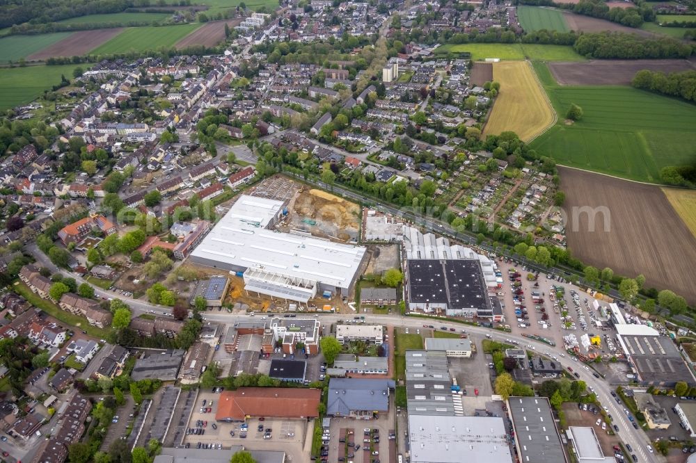 Aerial photograph Gladbeck - Construction site for new construction building of the construction market on the grounds of the formerly sports ground between Konrad-Adenauer-Allee and Krusenkamp in Gladbeck at Ruhrgebiet in the state North Rhine-Westphalia, Germany