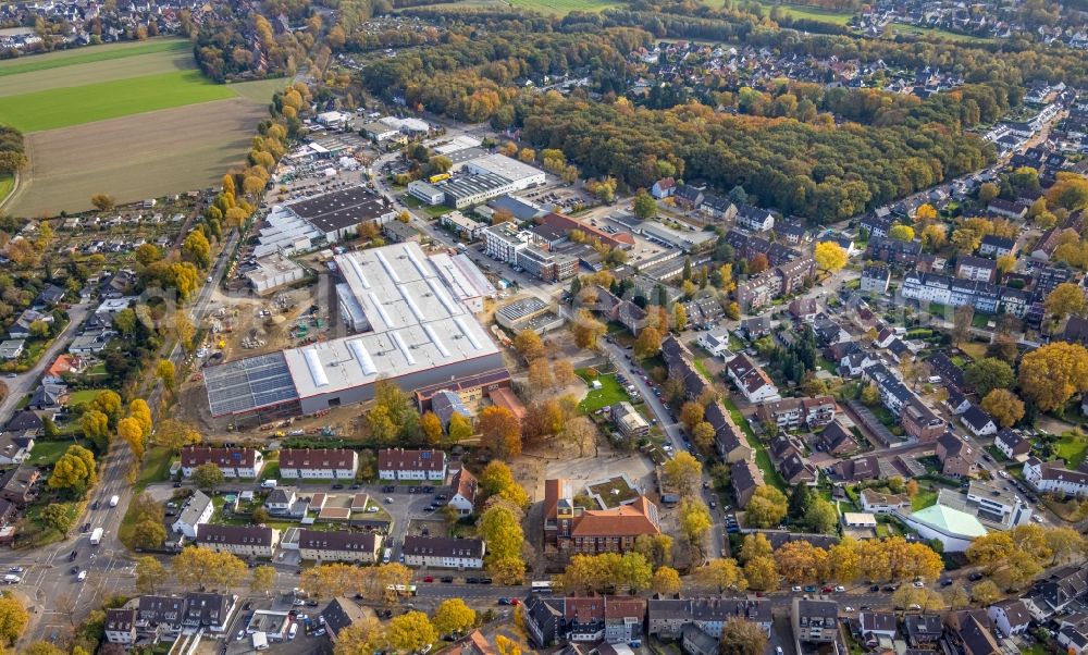 Gladbeck from above - Construction site for new construction building of the construction market on the grounds of the formerly sports ground between Konrad-Adenauer-Allee and Krusenkamp in Gladbeck at Ruhrgebiet in the state North Rhine-Westphalia, Germany