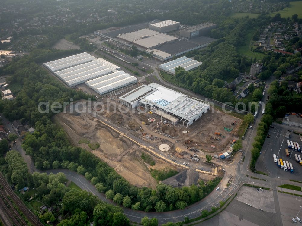 Bochum from above - Construction site for new construction building of the construction market of Hagebaumarkt on Hauptstrasse in Bochum in the state North Rhine-Westphalia, Germany