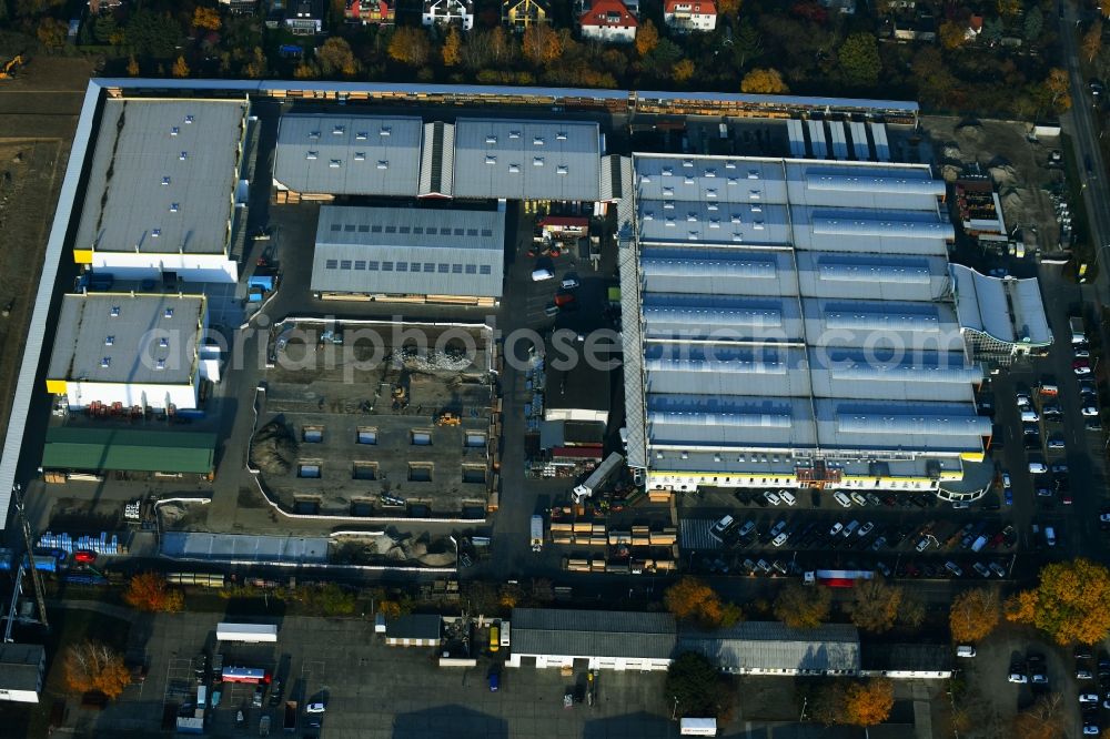 Berlin from the bird's eye view: Construction site for new construction building of the construction market on Landsberger Strasse in the district Mahlsdorf in Berlin, Germany