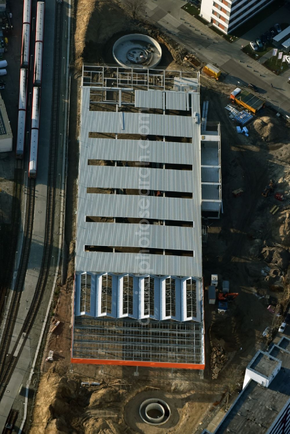 Aerial photograph Berlin - Construction site for new construction building of the construction market of OBI GmbH & Co. Deutschland KG an der Buchberger Strasse im Stadtteil Lichtenberg in Berlin in Germany