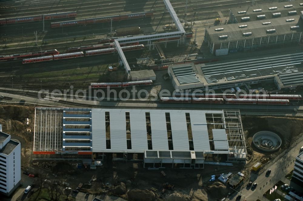 Berlin from the bird's eye view: Construction site for new construction building of the construction market of OBI GmbH & Co. Deutschland KG an der Buchberger Strasse im Stadtteil Lichtenberg in Berlin in Germany