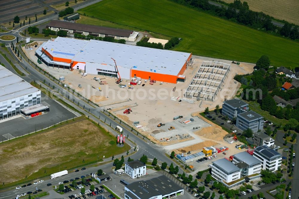 Aerial image Paderborn - Construction site for new construction building of the construction market on Wilfried-Finke-Allee in Paderborn in the state North Rhine-Westphalia, Germany