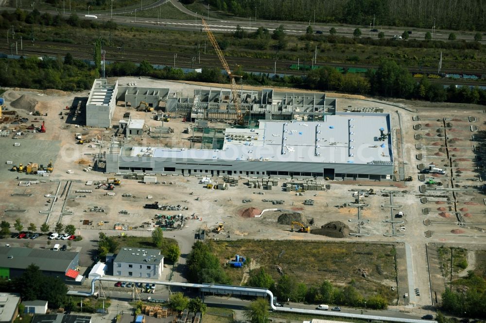 Halle (Saale) from the bird's eye view: Construction site for new construction building of the construction market between Dieselstrasse and Zeppelinstrasse in Halle (Saale) in the state Saxony-Anhalt, Germany