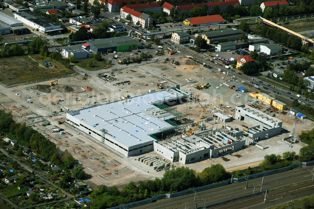 Halle (Saale) from the bird's eye view: Construction site for new construction building of the construction market between Dieselstrasse and Zeppelinstrasse in Halle (Saale) in the state Saxony-Anhalt, Germany