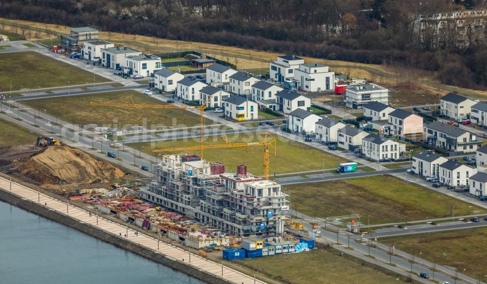 Gelsenkirchen from above - Construction site for the new building eines Gebaeudekomplex of Hofschroeer Projektbau GmbH & Co. KG on Johannes-Rau-Allee in Gelsenkirchen in the state North Rhine-Westphalia, Germany