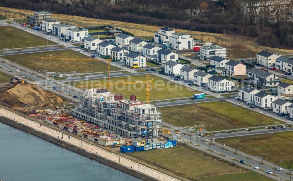 Aerial image Gelsenkirchen - Construction site for the new building eines Gebaeudekomplex of Hofschroeer Projektbau GmbH & Co. KG on Johannes-Rau-Allee in Gelsenkirchen in the state North Rhine-Westphalia, Germany