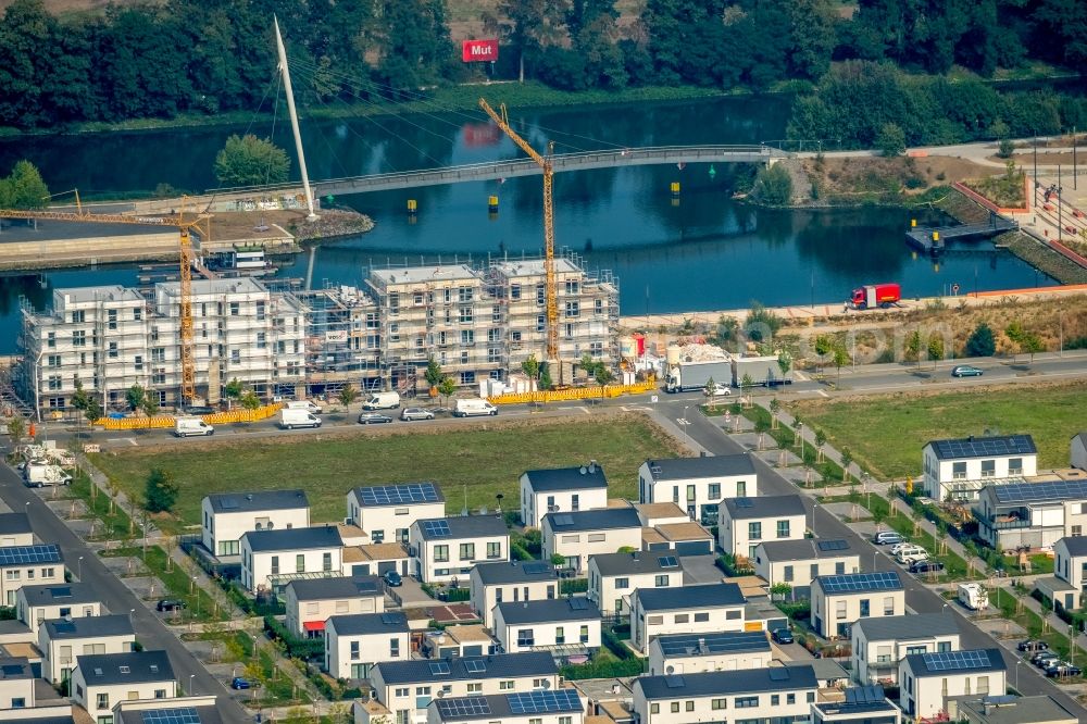 Gelsenkirchen from above - Construction site for the new building eines Gebaeudekomplex of Hofschroeer Projektbau GmbH & Co. KG on Johannes-Rau-Allee in Gelsenkirchen in the state North Rhine-Westphalia, Germany