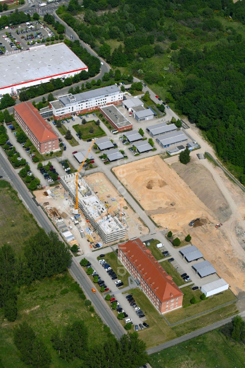 Schwerin from above - Construction site for the new construction of a police building complex in Schwerin in Mecklenburg-Vorpommern, Germany