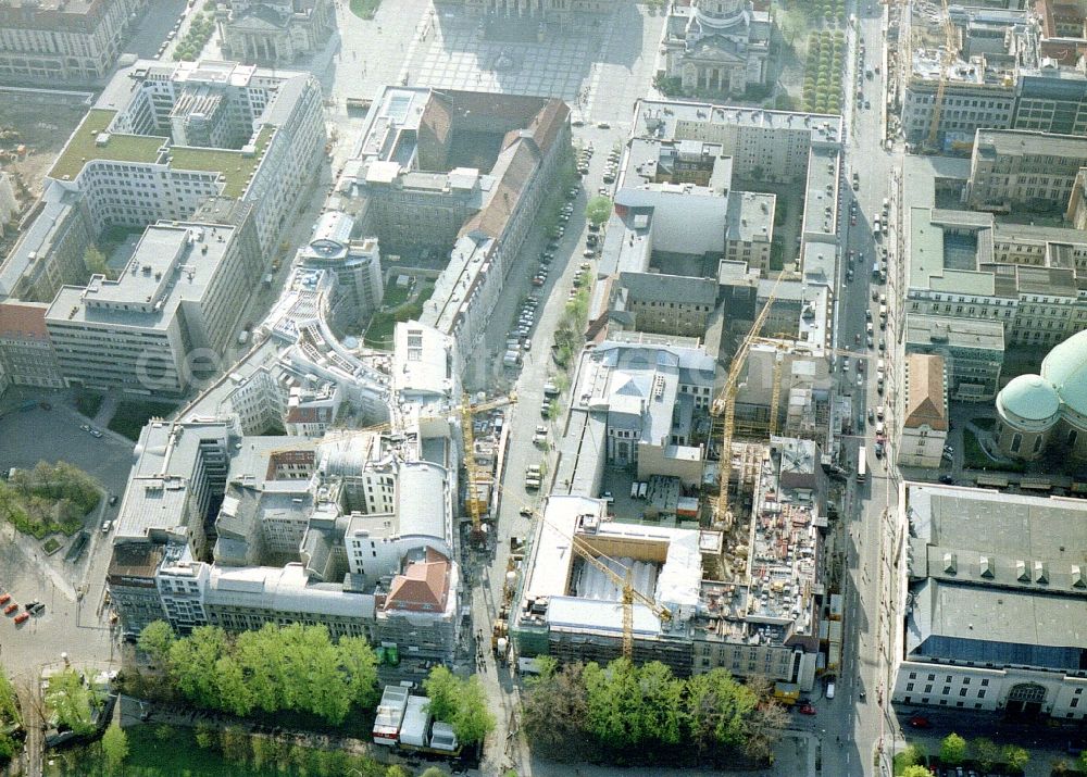 Aerial photograph Berlin - Construction site of complex of buildings with satellite dishes on the transmitter broadcasting center SAT 1 on Jaegerstrasse in the district Mitte in Berlin, Germany