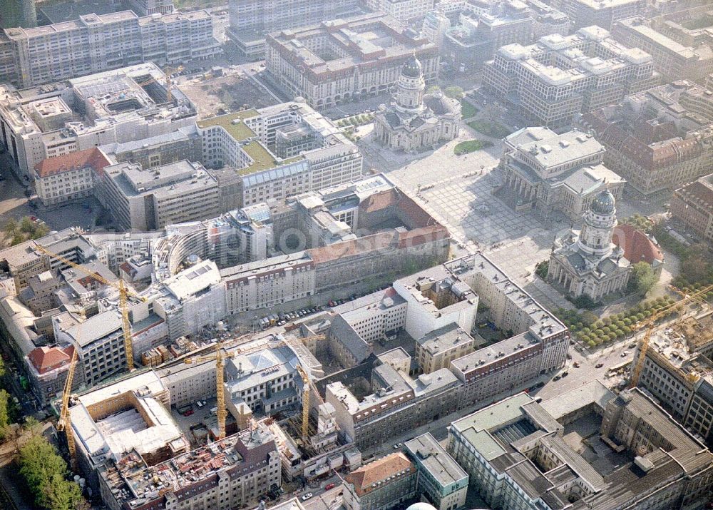 Berlin from the bird's eye view: Construction site of complex of buildings with satellite dishes on the transmitter broadcasting center SAT 1 on Jaegerstrasse in the district Mitte in Berlin, Germany