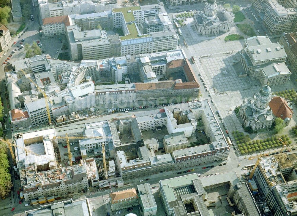 Berlin from above - Construction site of complex of buildings with satellite dishes on the transmitter broadcasting center SAT 1 on Jaegerstrasse in the district Mitte in Berlin, Germany