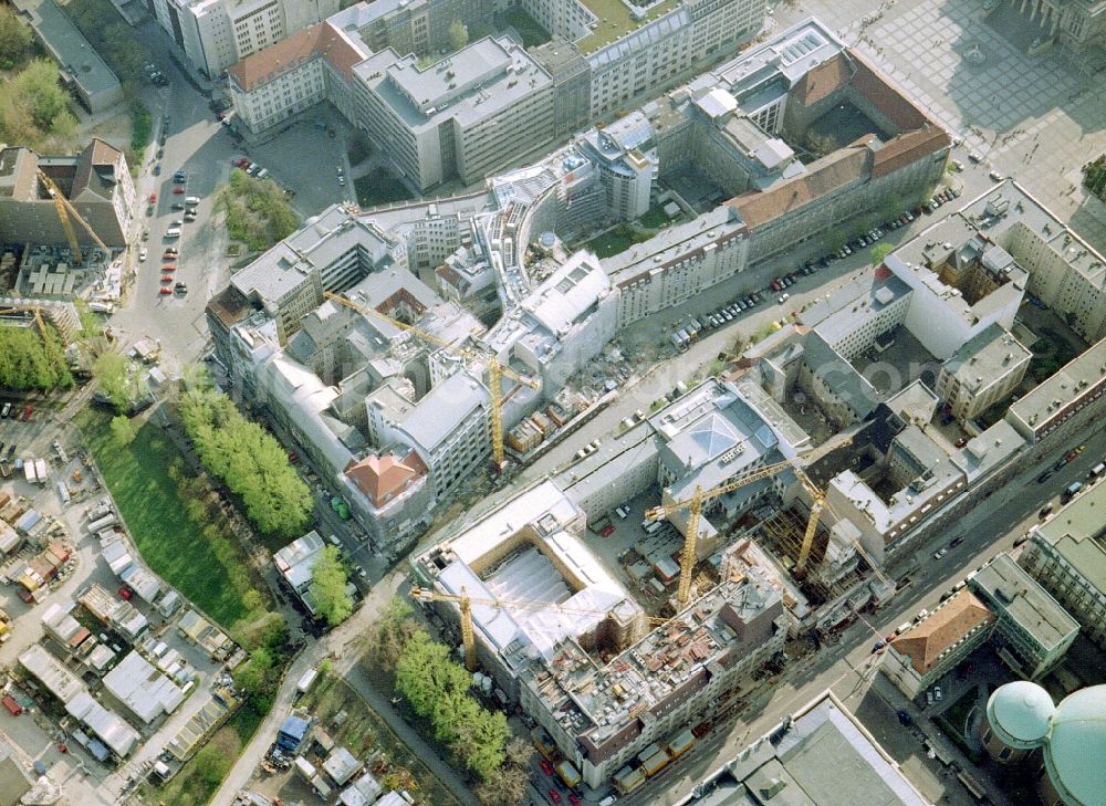 Berlin from the bird's eye view: Construction site of complex of buildings with satellite dishes on the transmitter broadcasting center SAT 1 on Jaegerstrasse in the district Mitte in Berlin, Germany