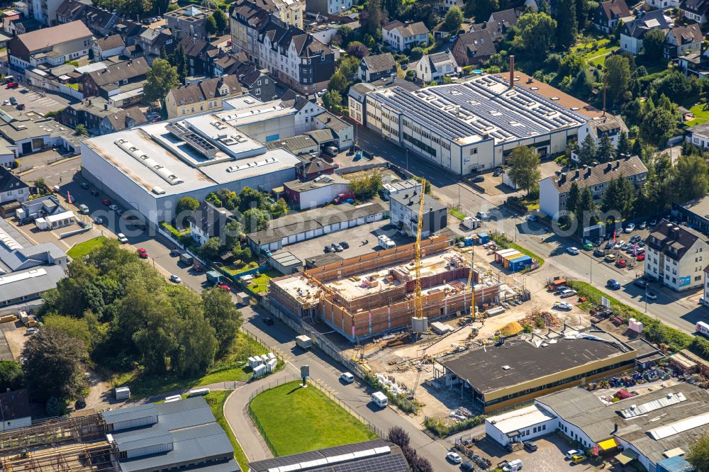 Aerial photograph Gevelsberg - New construction of the building complex of the shopping center ALDI on street Rosendahler Strasse - Breitenfelder Strasse in the district Heck in Gevelsberg at Ruhrgebiet in the state North Rhine-Westphalia, Germany