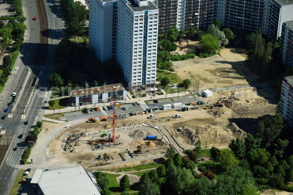 Berlin from above - New construction of the building complex of the shopping center Am Anger on Allee of Kosmonauten - Baerensteinstrasse in the district Marzahn in Berlin, Germany