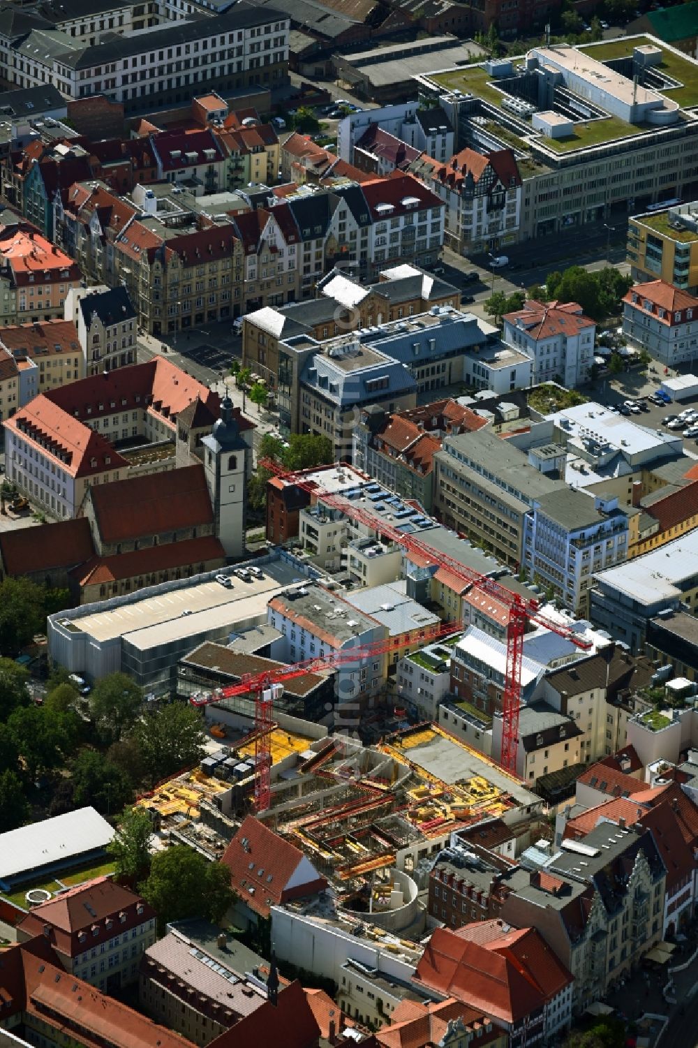 Erfurt from above - New construction of the building complex of the shopping center Anger-Passage on Reglermauer in the district Altstadt in Erfurt in the state Thuringia, Germany