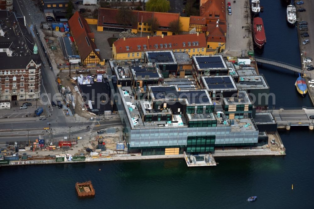 Kopenhagen from the bird's eye view: New construction of the building complex of the shopping center BLOX on Christians Brygge in Copenhagen in Denmark