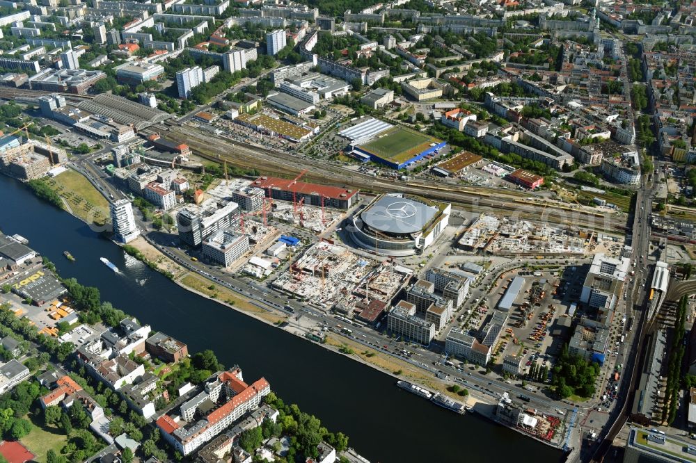 Berlin from above - New construction of the building complex of the shopping center East Side Mall of Freo Group on Tamara-Danz-Strasse on Anschutz - Areal in the district Bezirk Friedrichshain-Kreuzberg in Berlin, Germany