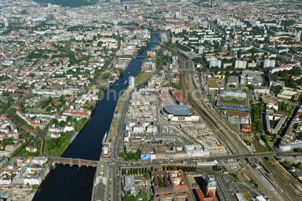 Aerial image Berlin - New construction of the building complex of the shopping center East Side Mall of Freo Group on Tamara-Danz-Strasse on Anschutz - Areal in the district Bezirk Friedrichshain-Kreuzberg in Berlin, Germany