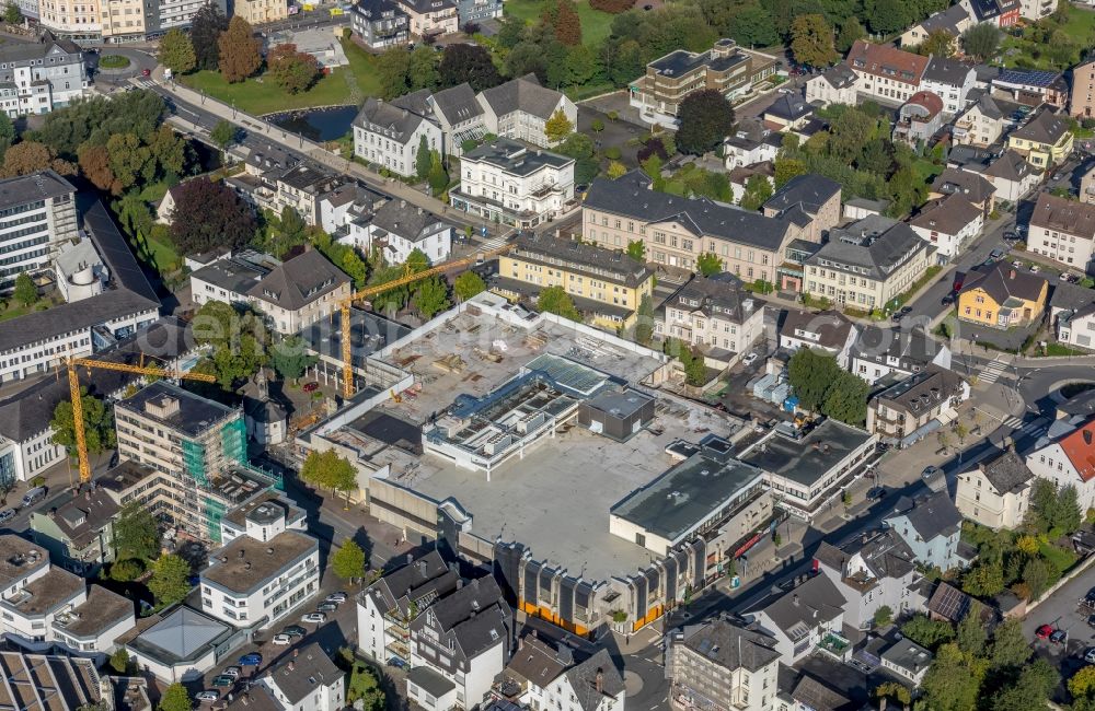 Arnsberg from the bird's eye view: New construction of the building complex of the shopping center Europaplatz - Clemens-August-Strasse in Arnsberg in the state North Rhine-Westphalia, Germany