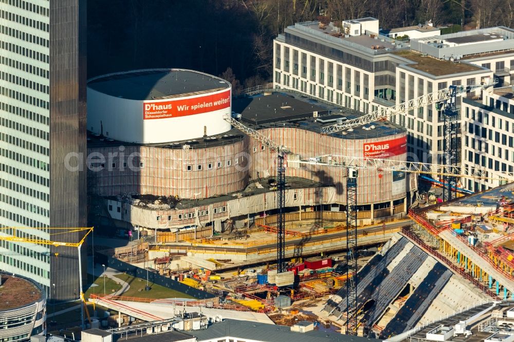 Aerial photograph Düsseldorf - New construction of the building complex of the shopping center Ingenhoven-Tal - Koebogen 2 on Gustaf-Gruendgens-Place in Duesseldorf in the state North Rhine-Westphalia, Germany