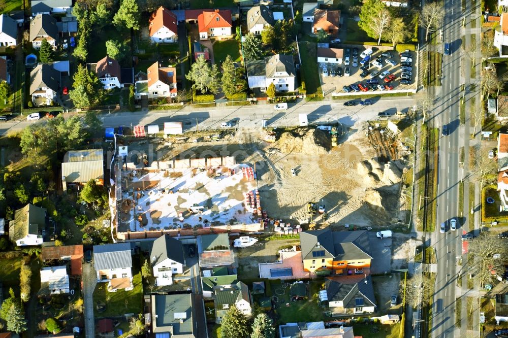 Aerial image Berlin - New construction of the building complex of the shopping center LIDL on Raststatter Strasse corner Hultschiner Damm in the district Mahlsdorf in Berlin, Germany