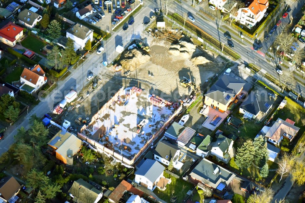 Aerial photograph Berlin - New construction of the building complex of the shopping center LIDL on Raststatter Strasse corner Hultschiner Damm in the district Mahlsdorf in Berlin, Germany