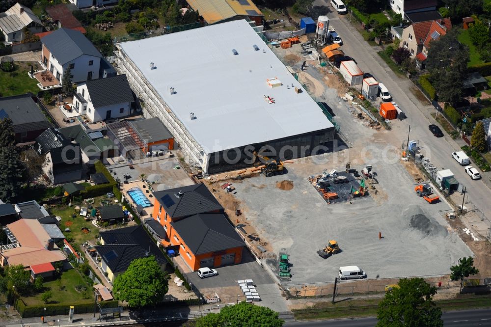 Aerial image Berlin - New construction of the building complex of the shopping center LIDL on Raststatter Strasse corner Hultschiner Damm in the district Mahlsdorf in Berlin, Germany