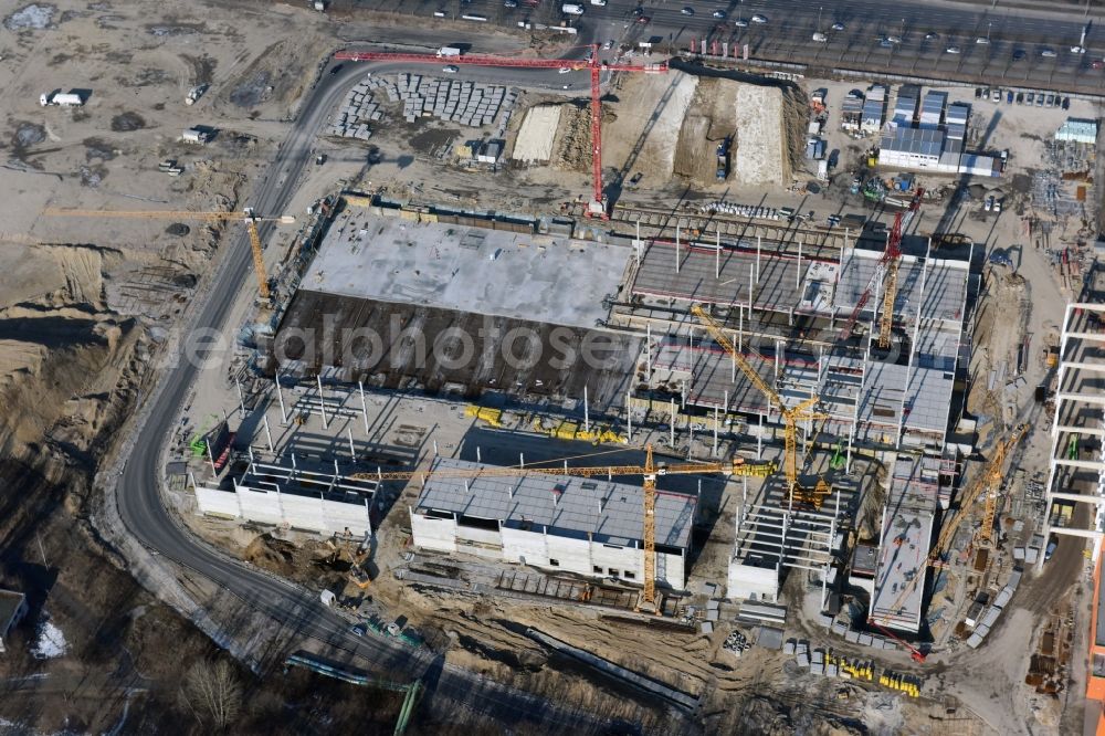 Aerial image Berlin - New construction of the building complex of the shopping center of Hoeffner Moebelgesellschaft GmbH & Co.KG and the Krieger-Gruppe on Landsberger Allee in Berlin