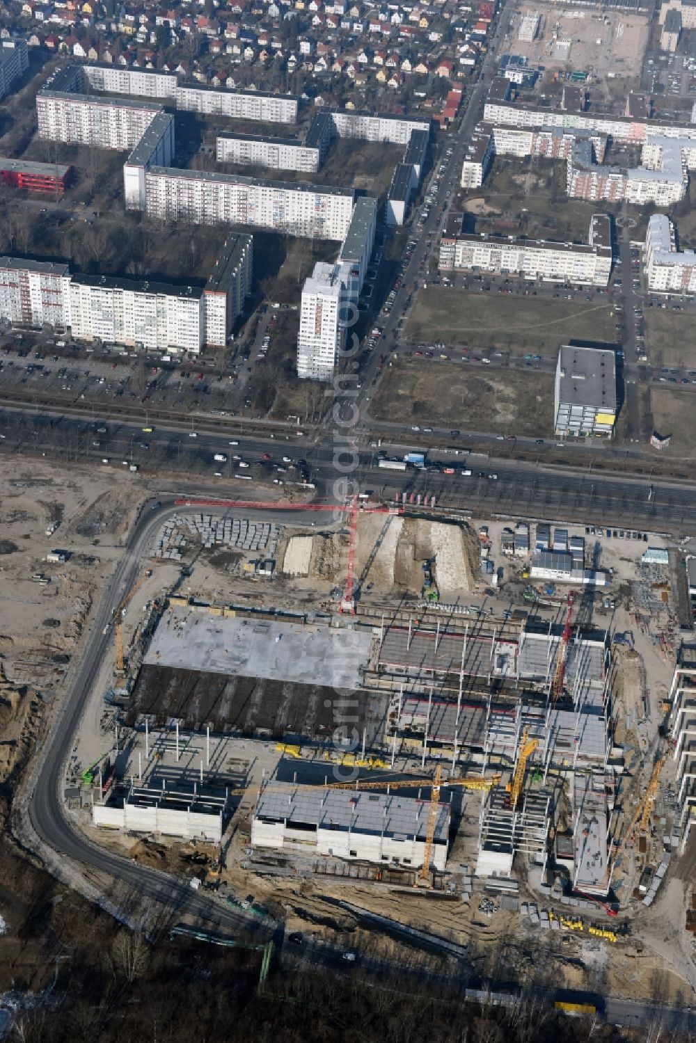 Aerial image Berlin - New construction of the building complex of the shopping center of Hoeffner Moebelgesellschaft GmbH & Co.KG and the Krieger-Gruppe on Landsberger Allee in Berlin