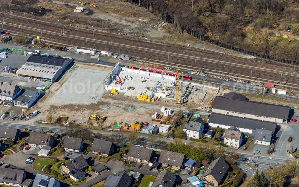 Aerial photograph Borghausen - New construction of the building complex of the shopping center Neue Maerkte Bestwig in Borghausen at Sauerland in the state North Rhine-Westphalia, Germany