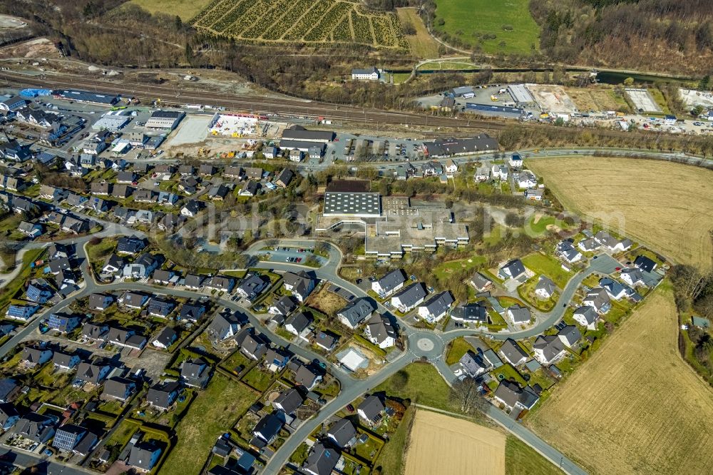 Aerial photograph Borghausen - New construction of the building complex of the shopping center Neue Maerkte Bestwig in Borghausen at Sauerland in the state North Rhine-Westphalia, Germany