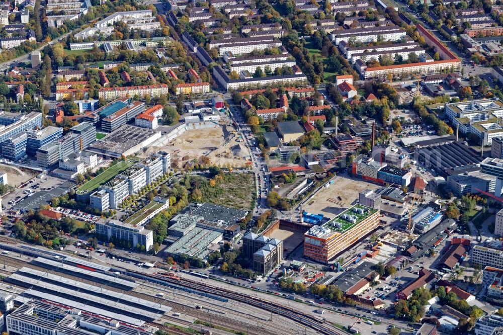 München from above - New construction of the building complex of the shopping center NVZ a?? PLAZA a?? on Grafinger Strasse in the district Berg am Laim in Munich in the state Bavaria, Germany