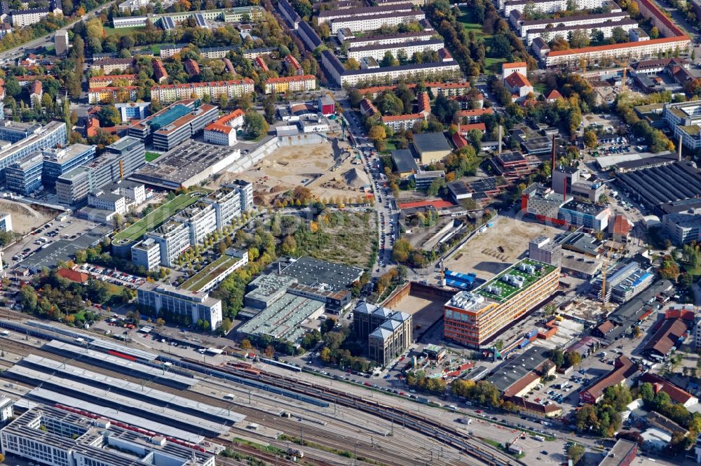 München from the bird's eye view: New construction of the building complex of the shopping center NVZ a?? PLAZA a?? on Grafinger Strasse in the district Berg am Laim in Munich in the state Bavaria, Germany