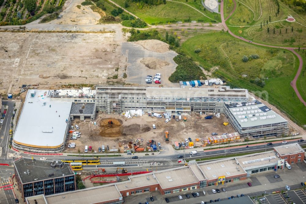 Aerial photograph Essen - New construction of the building complex of the shopping center Quartier West of Dipl. Ing. Josef Schoofs Immobilien GmbH on Altendorfer Strasse in Essen in the state North Rhine-Westphalia