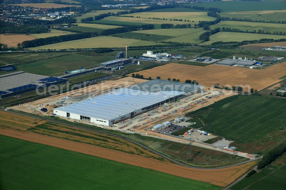 Sülzetal from the bird's eye view: Construction site to build a new building complex on the site of the Non-Sort logistics center AMAZON in Suelzetal in the state Saxony-Anhalt, Germany