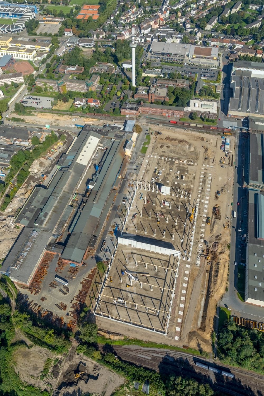 Aerial photograph Bochum - Construction site to build a new building complex on the site of the logistics center Dietz AG on Karl-Lange-Strasse in Bochum in the state North Rhine-Westphalia, Germany