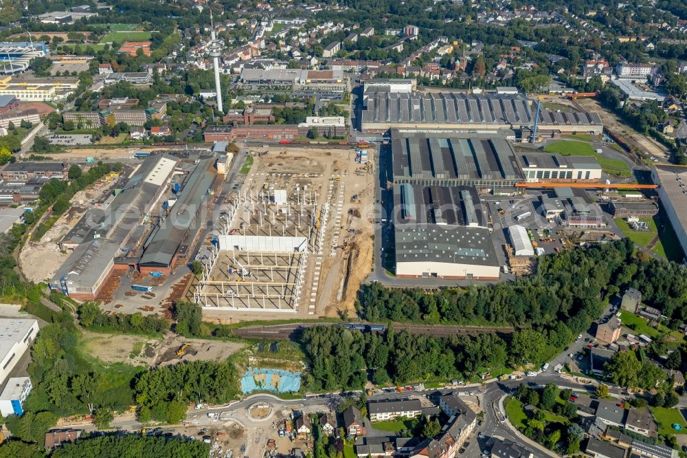 Bochum from the bird's eye view: Construction site to build a new building complex on the site of the logistics center Dietz AG on Karl-Lange-Strasse in Bochum in the state North Rhine-Westphalia, Germany