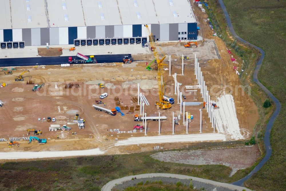 Göttingen from the bird's eye view: Construction site to build a new building complex on the site of the logistics center Distribo/Zufall in Goettingen in the state Lower Saxony, Germany