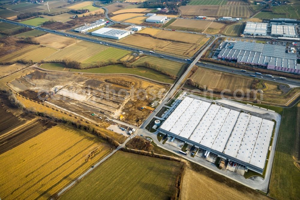 Aerial photograph Hamm - Construction site to build a new building complex on the site of the logistics center of DPD Deutschland GmbH on Osterboenener Weg in Hamm in the state North Rhine-Westphalia, Germany