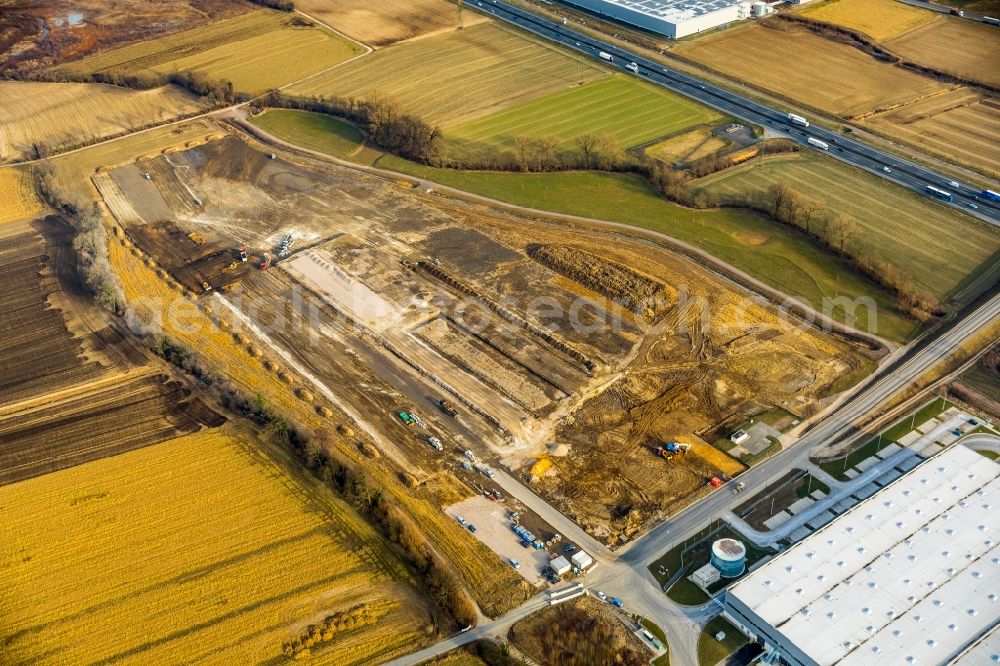 Hamm from above - Construction site to build a new building complex on the site of the logistics center of DPD Deutschland GmbH on Osterboenener Weg in Hamm in the state North Rhine-Westphalia, Germany